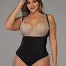 Full front view of black Tummy Smoothing Faja Bodysuit with plus sized model.
