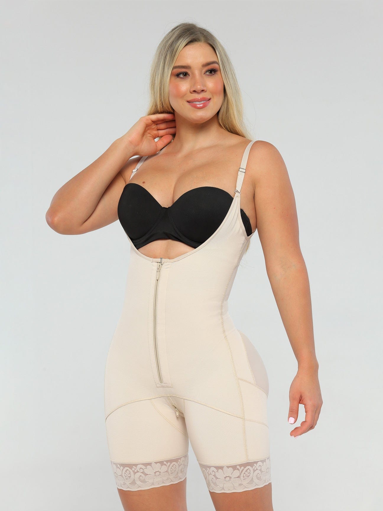 Beige Colombian faja shapewear with zipper and high compression, front view