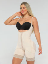 Beige Colombian faja shapewear with hook-and-eye closure and high compression, front view