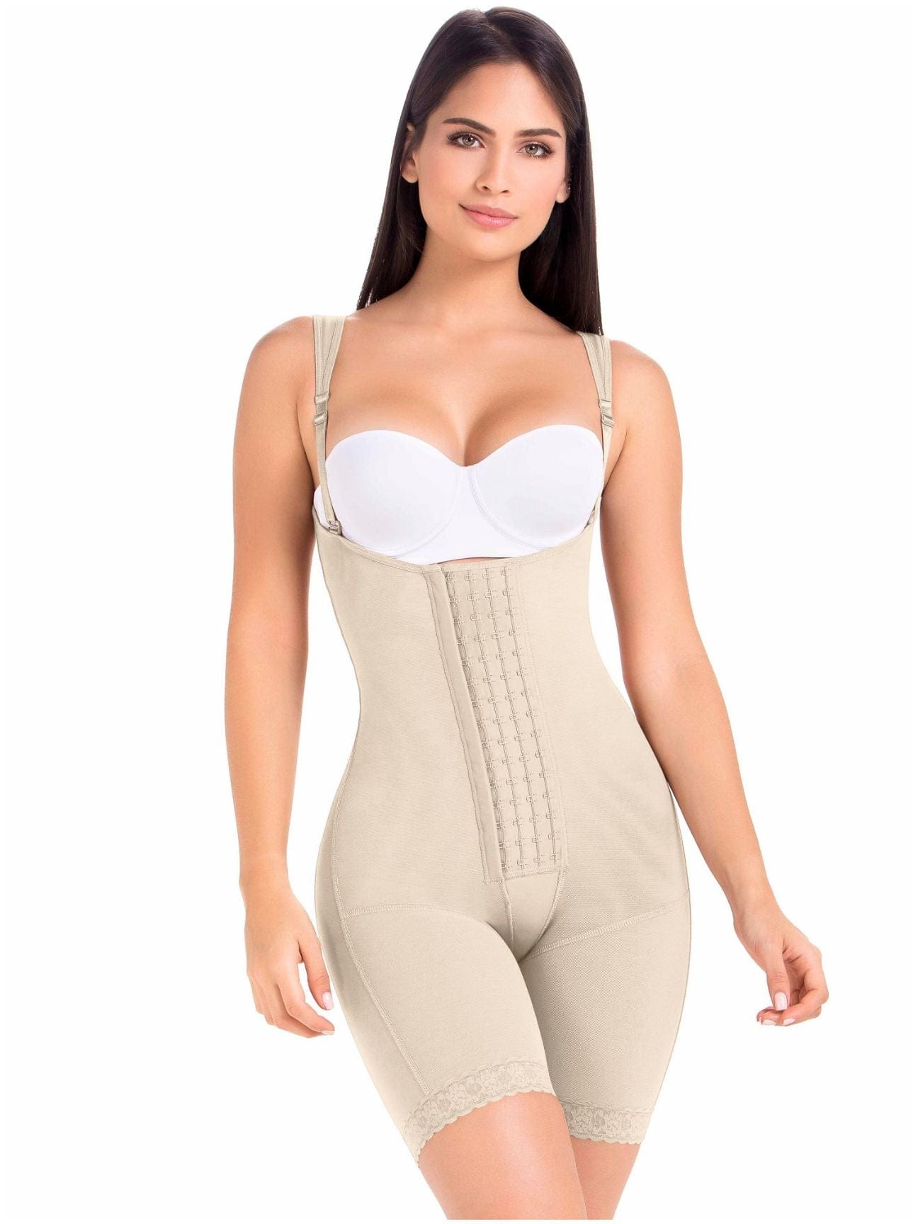 High Compression Mid Thigh Faja with Hooks full body front view beige color.