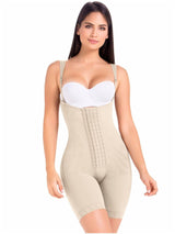 Beige Colombian faja with adjustable hook-and-eye closure and high compression, front view