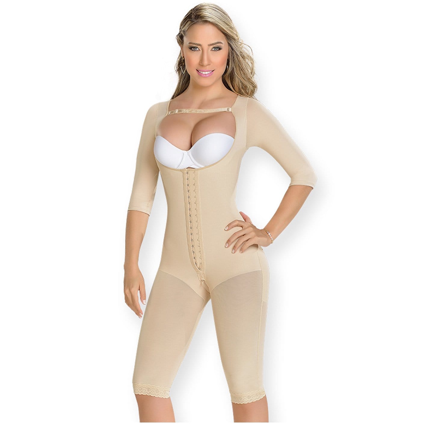 Fajas MyD Full Body Shaper Tummy Control with Sleeves full body front view.