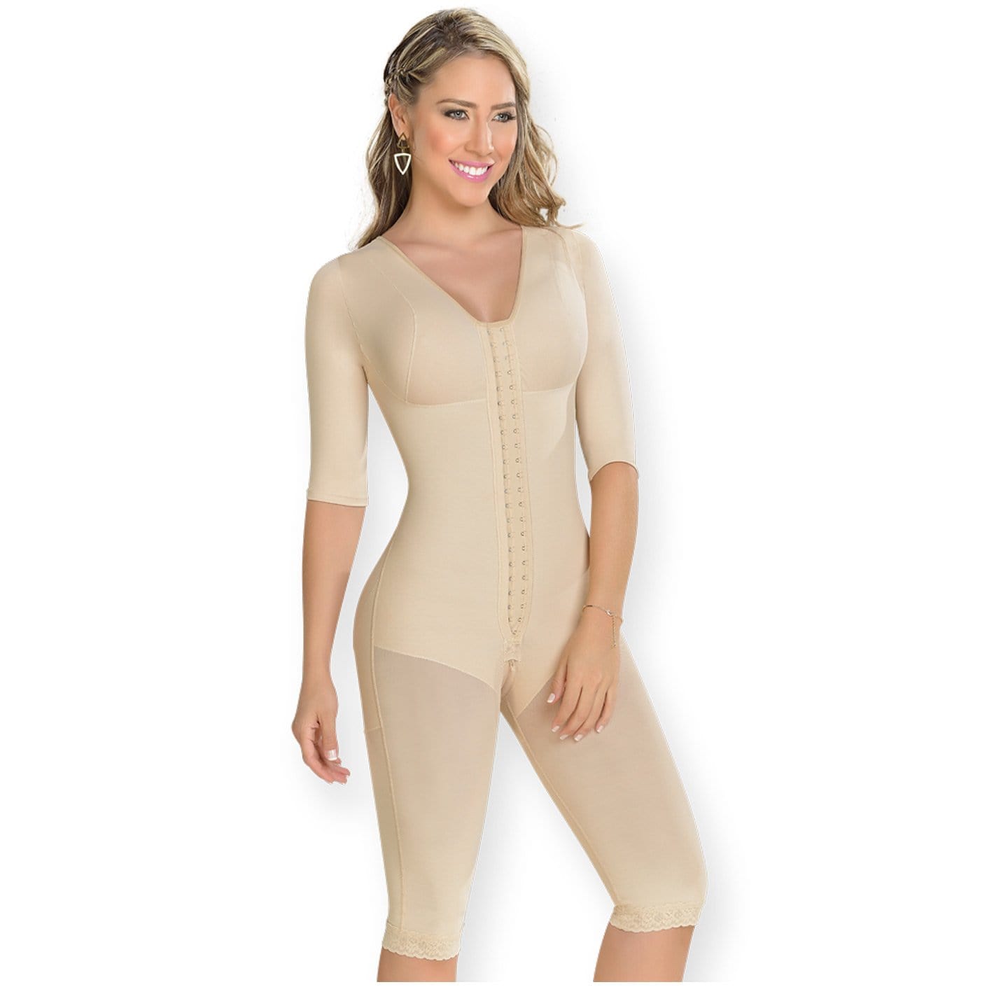 Front view of a model wearing White Fajas MyD Full Body Shaper With Sleeves.