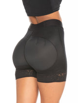 Lower back view of black colored high waist powernet butt lifter.