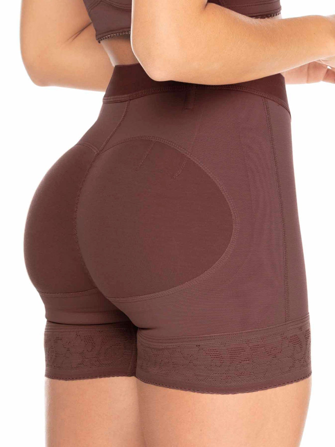 Lower back view of chocolate colored high waist powernet butt lifter.