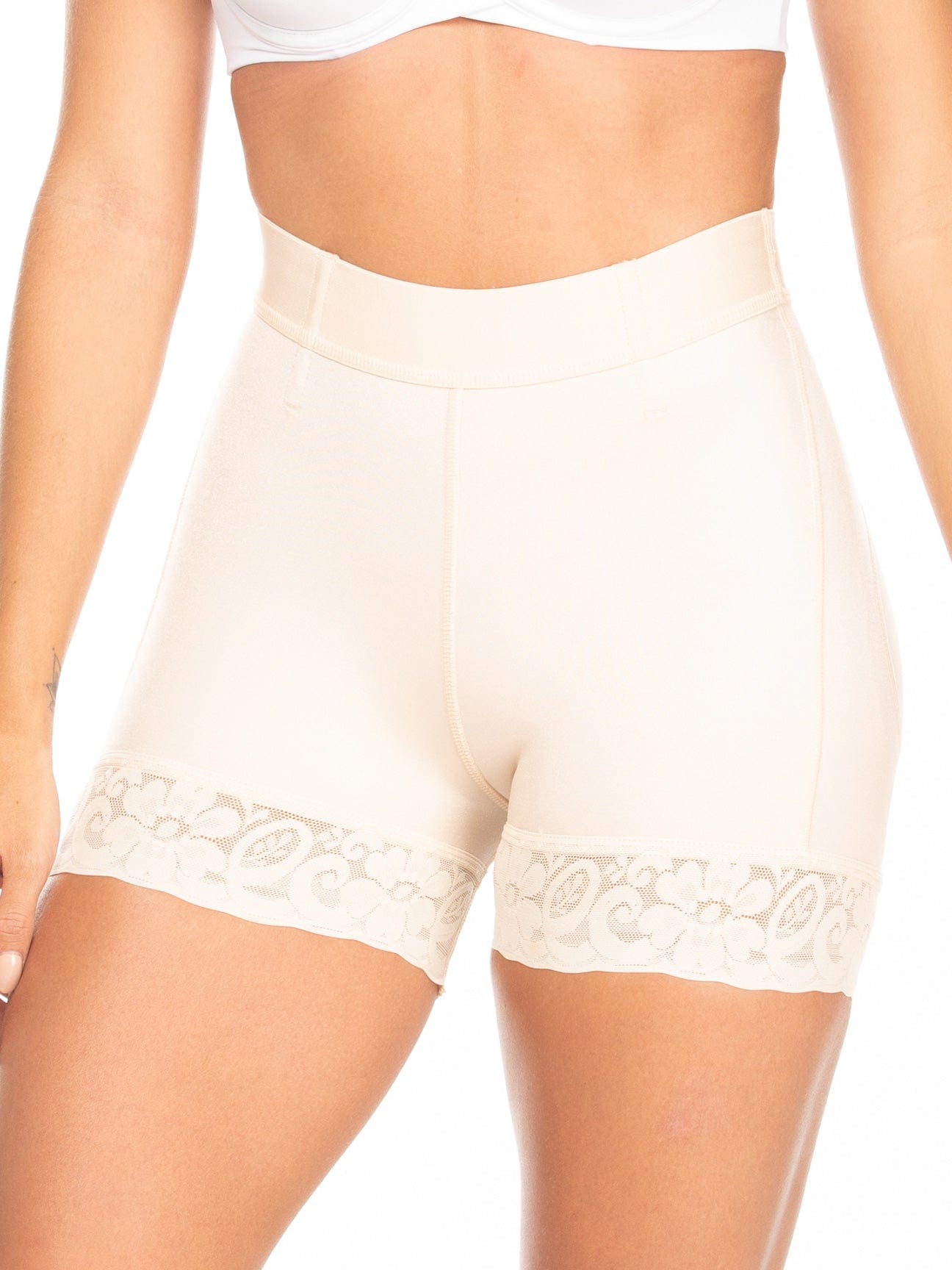 Lower front view of the white high waist booty lifter.