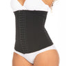 Waist view of a model wearing a black strapless shapewear with hooks.