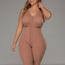 Fully body view of a brown colored brown colored full body faja with bra and hooks.