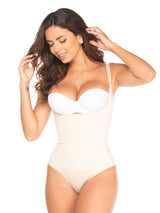 Beige Colombian shapewear bodysuit with removable and adjustable straps, front view