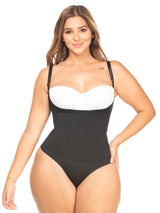 Black Colombian shapewear bodysuit with removable and adjustable straps, front view