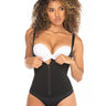 Front view of black high compression thong bodysuit faja showing zipper functionality.