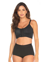 Black Colombian compression bra with hook-and-eye closure and adjustable straps, front view