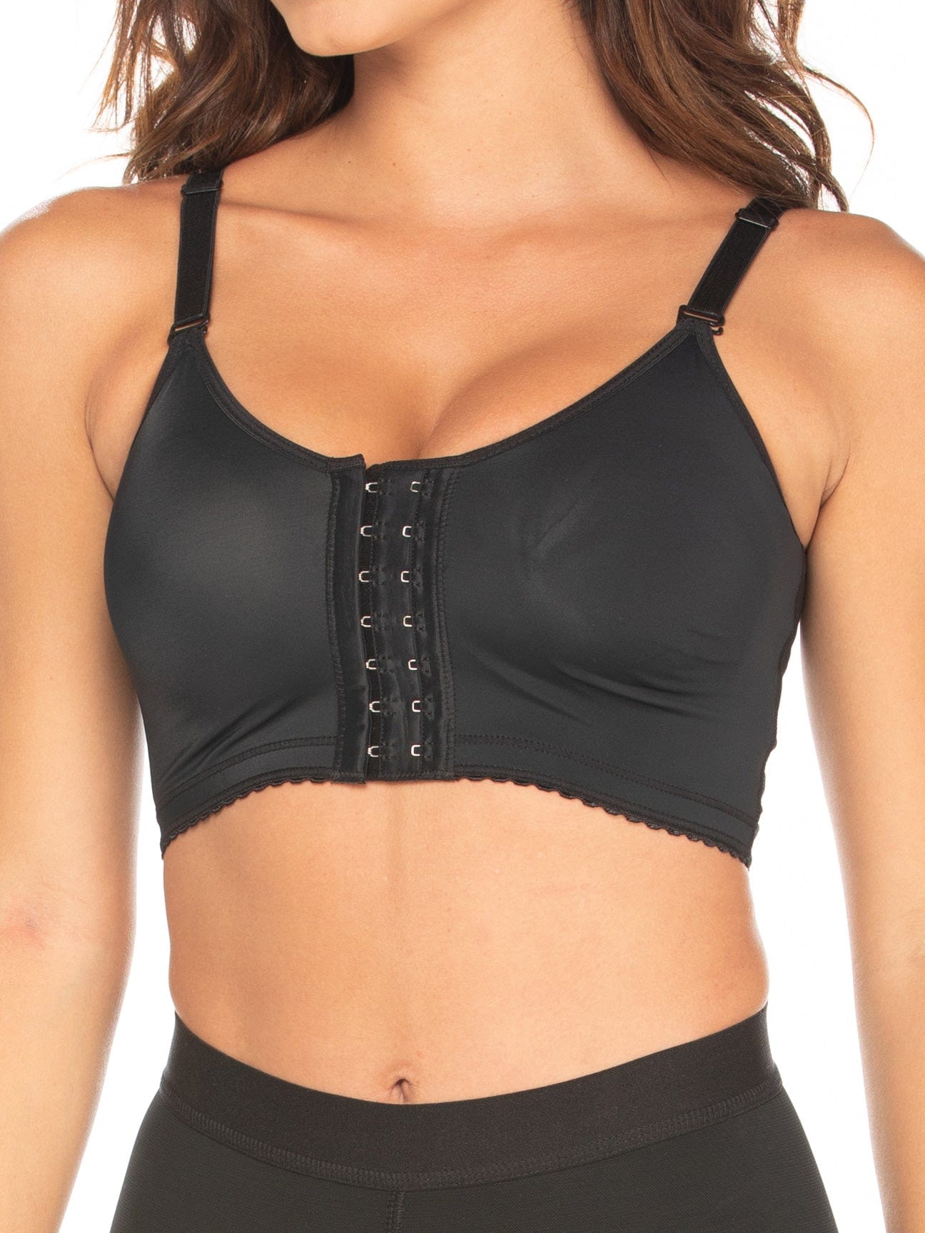 Black Colombian compression bra with hook-and-eye closure and adjustable straps, front view