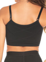 Black Colombian compression bra with anti-back bulge panels and adjustable straps, back view