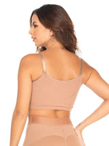 Mocha Colombian compression bra with anti-back bulge panels and adjustable straps, back view