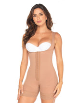 Nude Colombian faja shapewear bodysuit with adjustable hook-and-eye closure and firm waist compression, front view