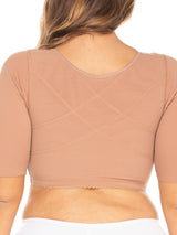 Mocha Colombian compression bra with anti-back bulge panels and sleeves for arm compression, back view