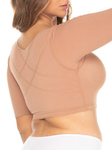 Mocha Colombian compression bra with anti-back bulge panels and sleeves for arm compression, back view