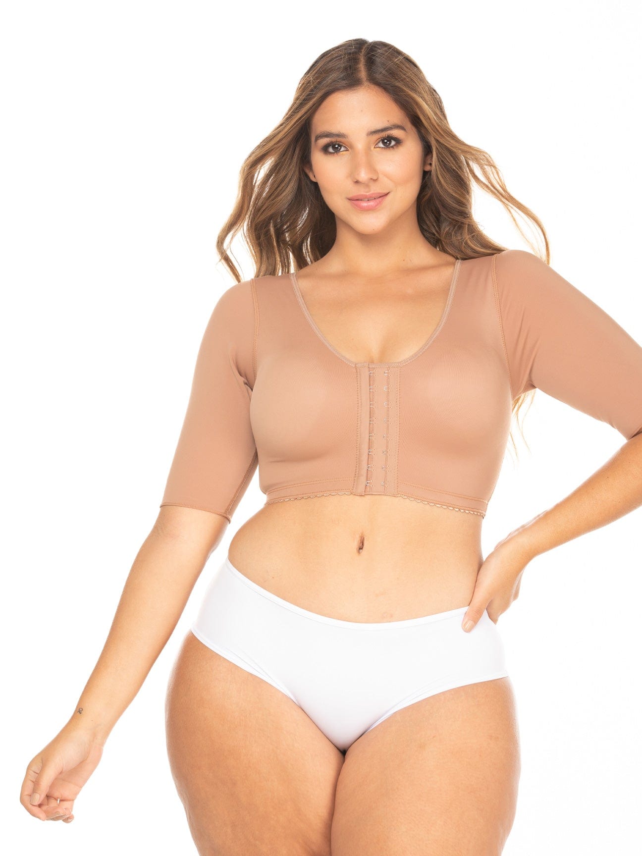 Mocha Colombian compression bra with hook-and-eye closure and sleeves for arm compression, front view