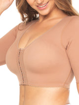 Mocha Colombian compression bra with hook-and-eye closure and sleeves for arm compression, front view