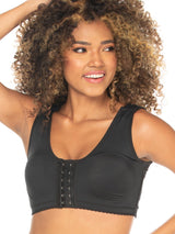 Black Colombian compression bra with hook-and-eye closure and adjustable straps, front view