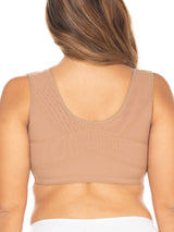 Mocha Colombian compression bra with anti-back bulge panels and adjustable straps, back view
