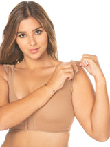 Mocha Colombian compression bra with hook-and-eye closure and adjustable straps, front view