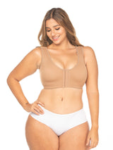 Mocha Colombian compression bra with hook-and-eye closure and adjustable straps, front view