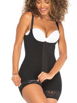 Black Colombian shapewear bodysuit with adjustable hook-and-eye closure and firm waist compression, front view