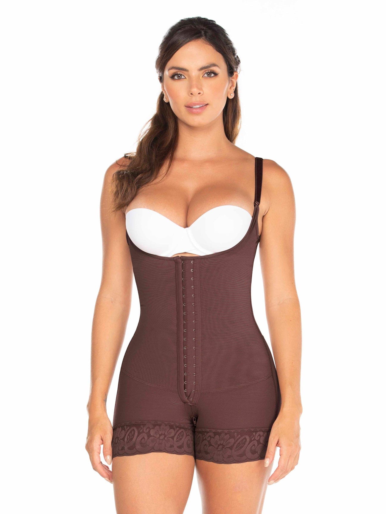 Chocolate Colombian shapewear bodysuit with adjustable hook-and-eye closure and firm waist compression, front view