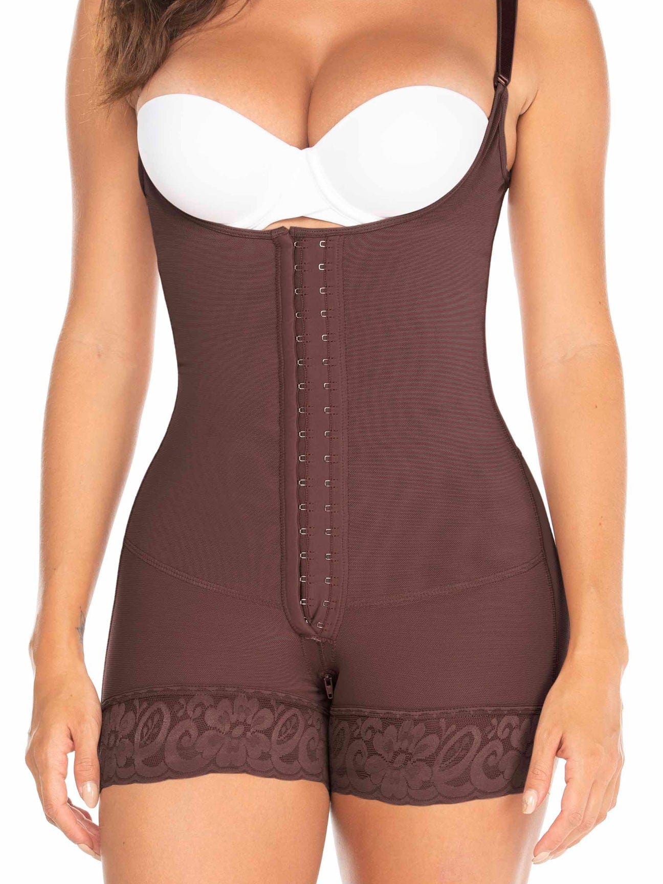 Upper body view of a model wearing a chocolate colored faja with zipper and hooks.