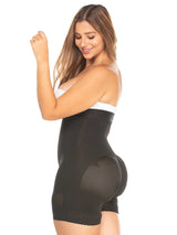 Black Colombian strapless shapewear with butt-lifting panels and firm waist compression, side view
