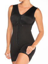 Black Colombian faja shapewear bodysuit with built-in bra and silicone anti-roll bands, front view