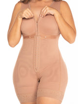 Nude Colombian faja shapewear bodysuit with built-in bra and adjustable hook-and-eye closure, front view