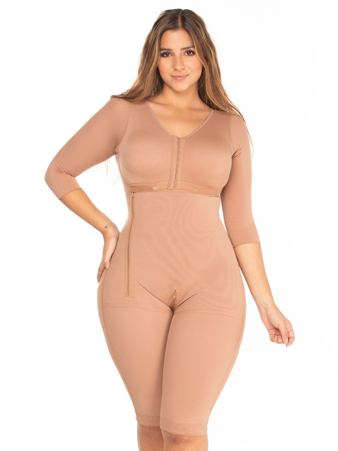 Full front view of a model wearing the full body faja with high compression.