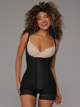 Black Colombian faja with adjustable hook-and-eye closure and high compression, front view