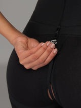 Black Colombian shapewear with easy bathroom access and thong, close-up