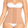 Upper body view of a plus size model wearing the semi vest waist cincher with central hooks.