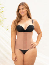 Nude Colombian faja waist trainer with adjustable straps and high compression, front view