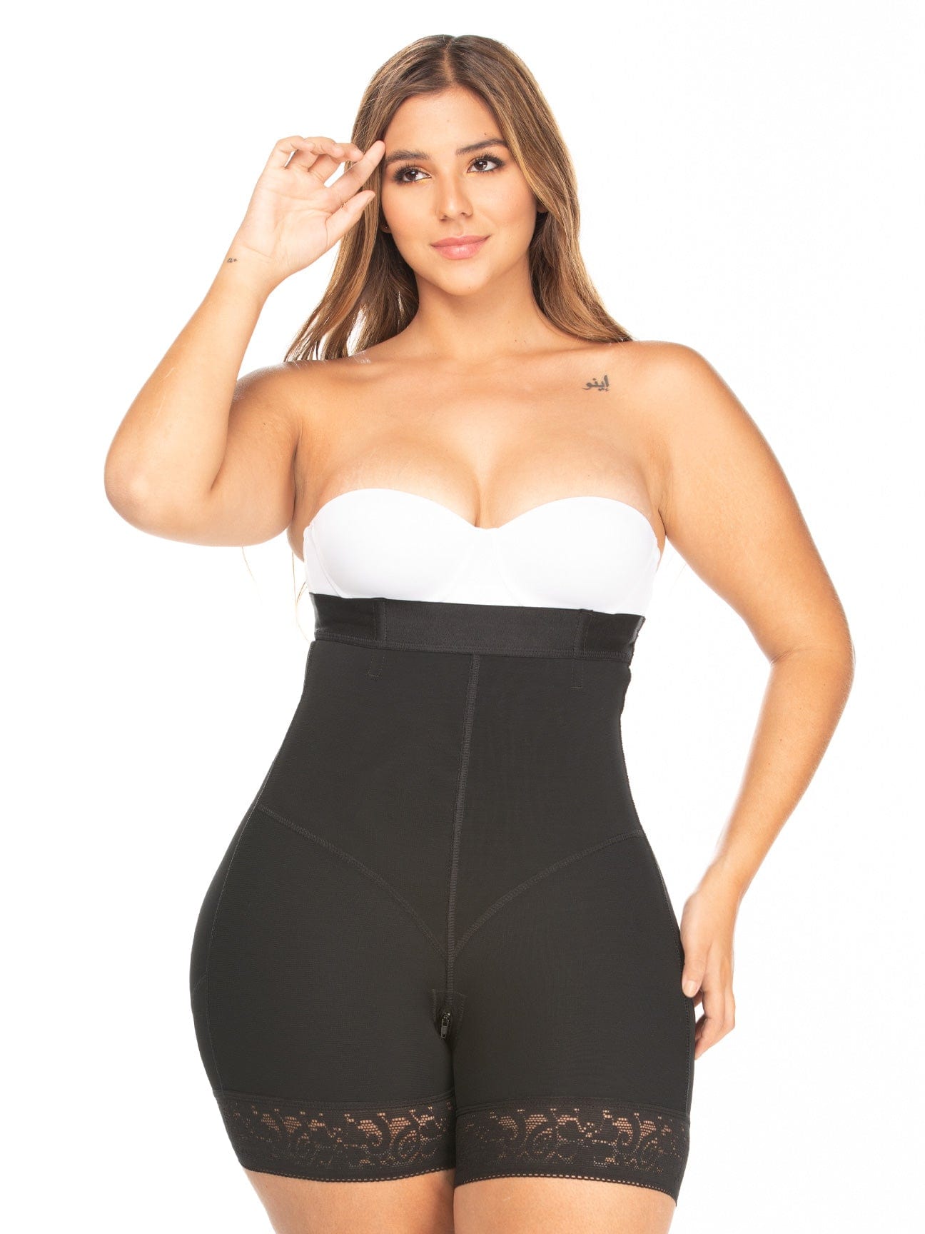 Full view of the black invisible shorts and waist shaper.