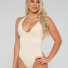 Halter Shaping Bodysuit with Tummy Control beige color front view.