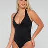 Halter Shaping Bodysuit with Tummy Control black color front view.