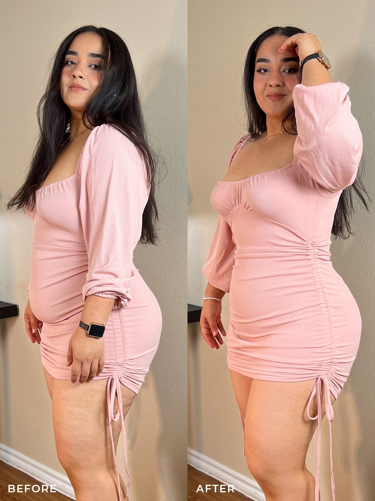 Model wearing invisible body suit with panty under pink dress.