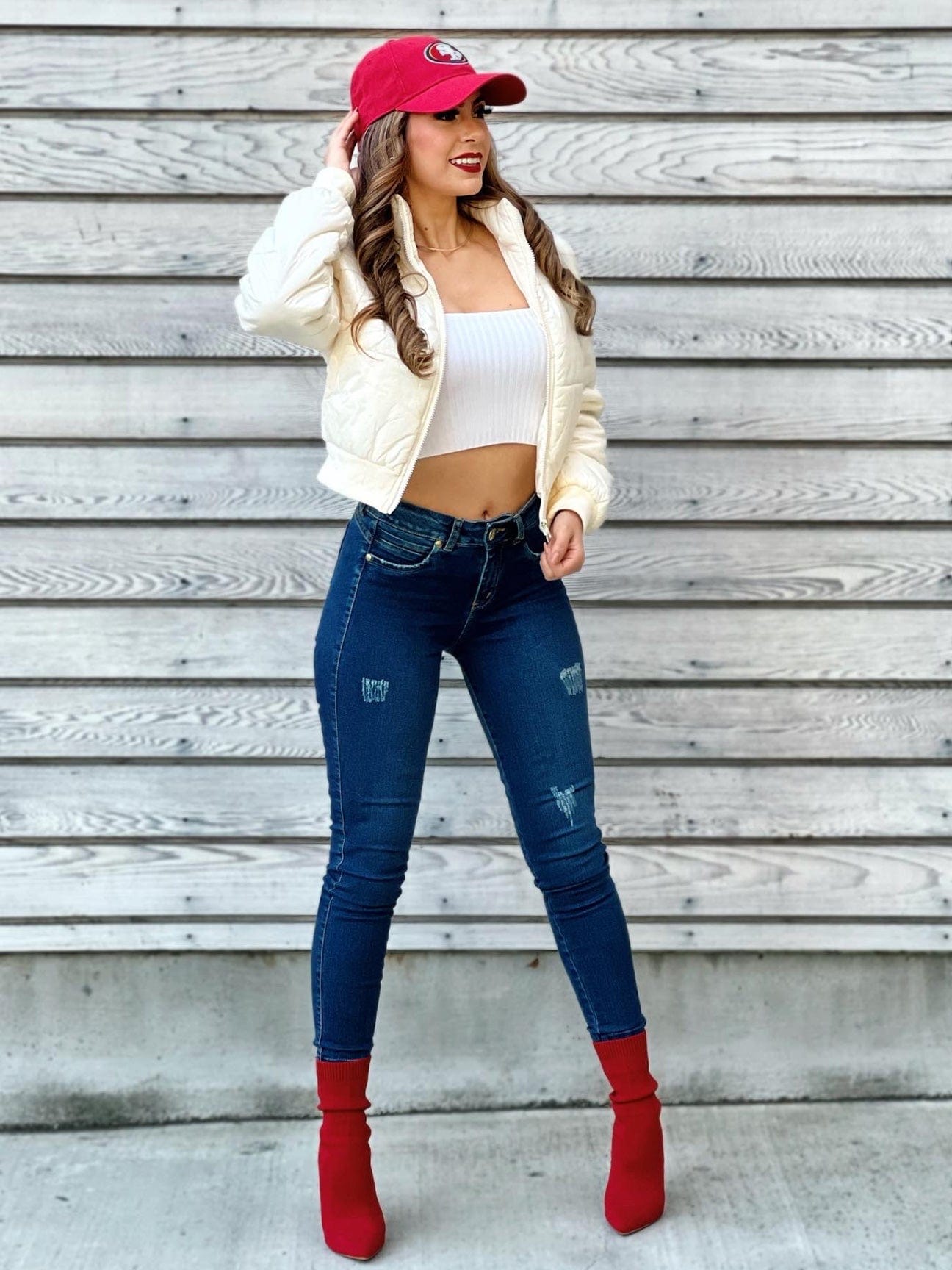 Candy Butt Lift Ripped Skinny Jeans model picture full body front view.