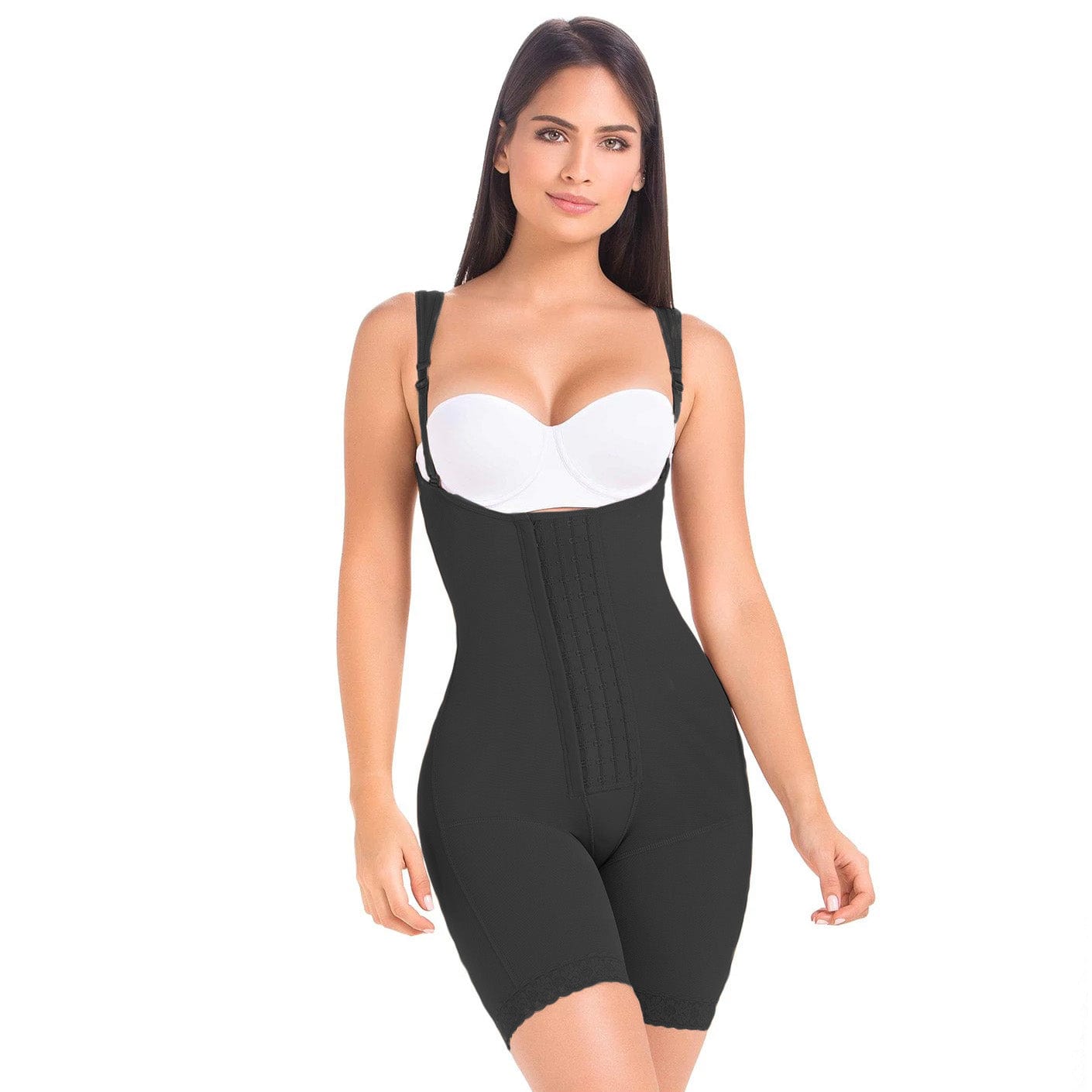 Black Colombian faja with adjustable hook-and-eye closure and high compression, front view
