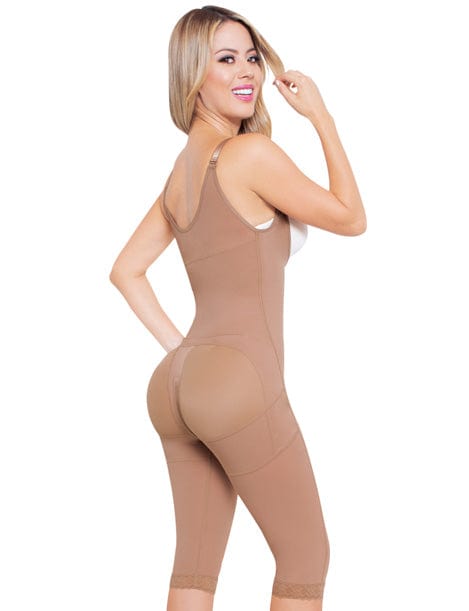 Model wearing a beige colored post surgery shapewear.